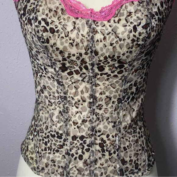 Women's Flirty Hot Pink Lace & Animal Print Coquette Corset Size Large - Picture 11 of 16